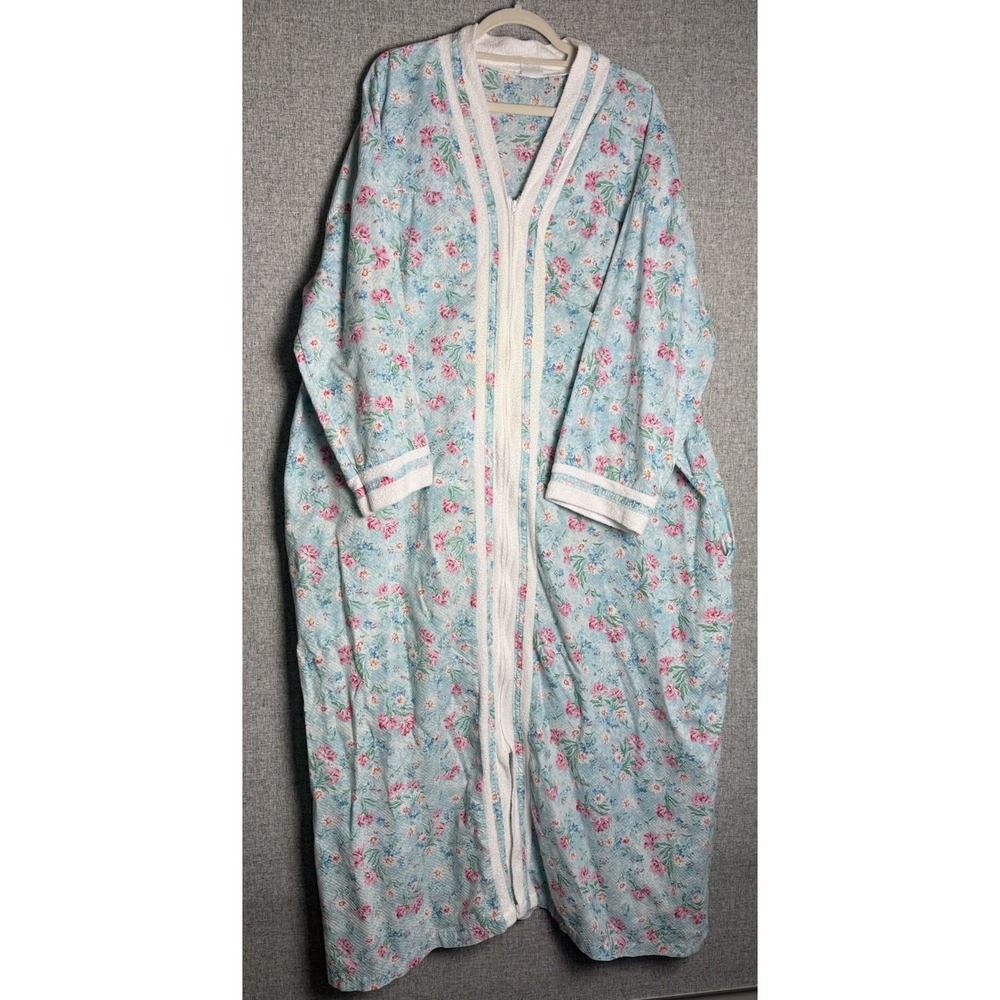Vintage Blue Pink Floral Long House Coat Robe Duster Nightgown Zip Up‎ XXL/2X